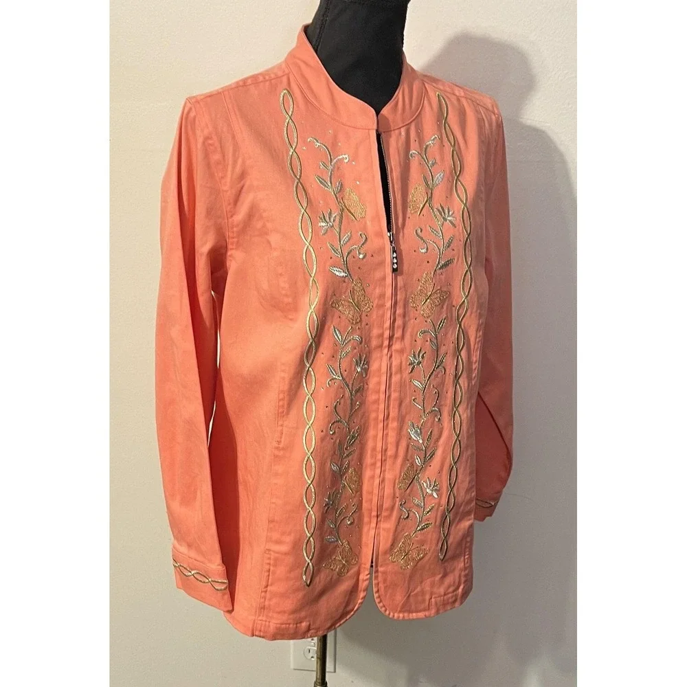 Quacker Factory Jacket Womens Medium Pink Embroidered Butterfly Floral Full Zip‎
